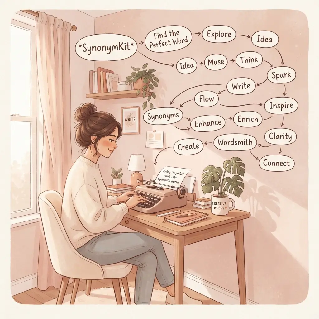 Writer at desk with words